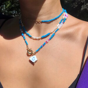 turquoise with fresh water keshi pearls cloud necklace, layers charm necklace, unisex,smilly face.choker,14k gold filled chain