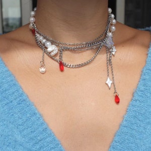 hand made keshi pearl with red tear drop beads necklace, gothic core,stars freshwater pearls, stainless steel hand wired choker.Y2K goth. image 4