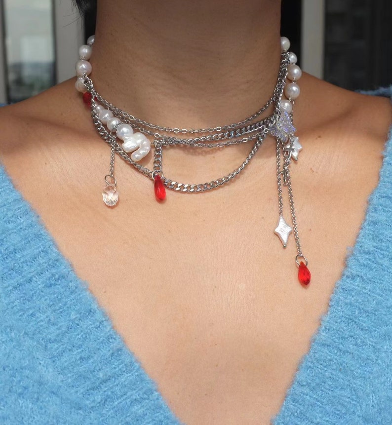 hand made keshi pearl with red tear drop beads necklace, gothic core,stars freshwater pearls, stainless steel hand wired choker.Y2K goth. image 4