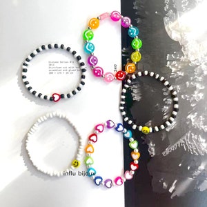 hand made rainbow colorful smiley face heart beads bracelet,custom unisex jewelry, glass beaded, shell pearl