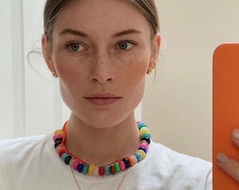 hand made colorful disc natural stones necklace, disco rainbow colors