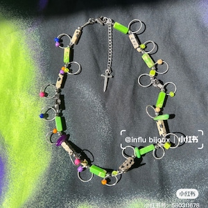 neon green natural stones circle necklace, hand made jewelry, unisex ,colorful glass beaded, funky, lime tennis green.