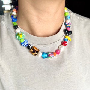 colorful unisex style freshwater pearls with lampwork beads necklace,Y2K vintage core,yinyang men jewelry,hand made, bat duckling bananna