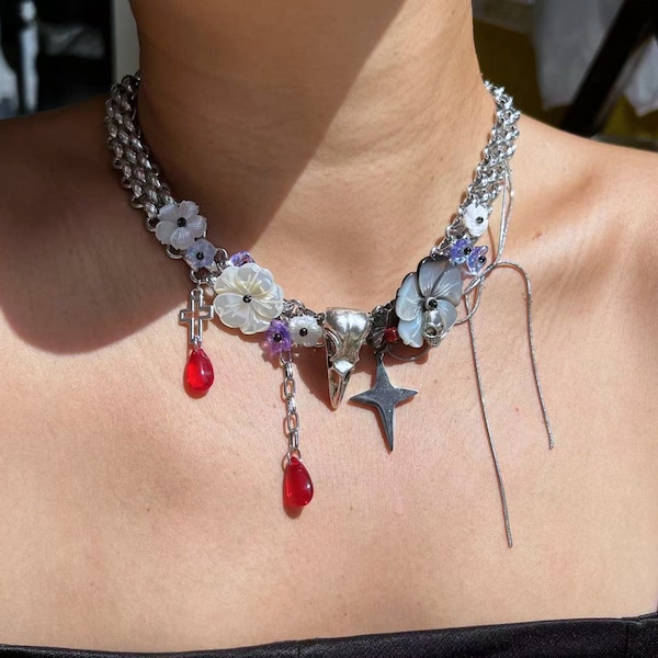 Gothic Blood Drop Tassel Exaggerated Punk Dark Cross Necklace