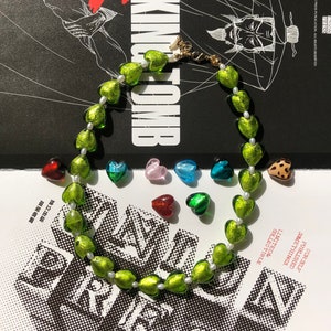 freshwater pearls  with colorful lamp work glass beads necklace, hand mede unisex jewelry, heart shape beaded,Y2K style, mini pearl babysize