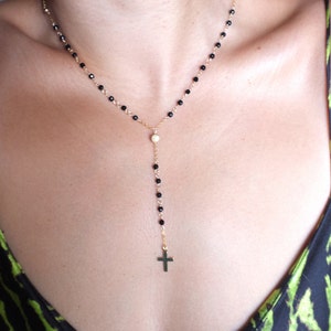 14k gold filled hand made cross black spinel necklace,14kgf gemstone minimal jewelry