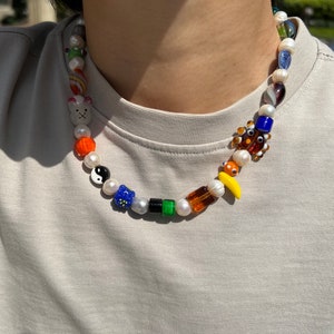 colorful lampwork glass beads with yin-yang freshwater pearls unisex necklace, men jewelry,chunky funky crab and rabbit,