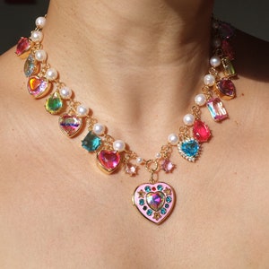 handmade barbiecore pink/purple heart/star pendant freshwater pearls hand wired necklace,colorful crystal, vintage style.90's.