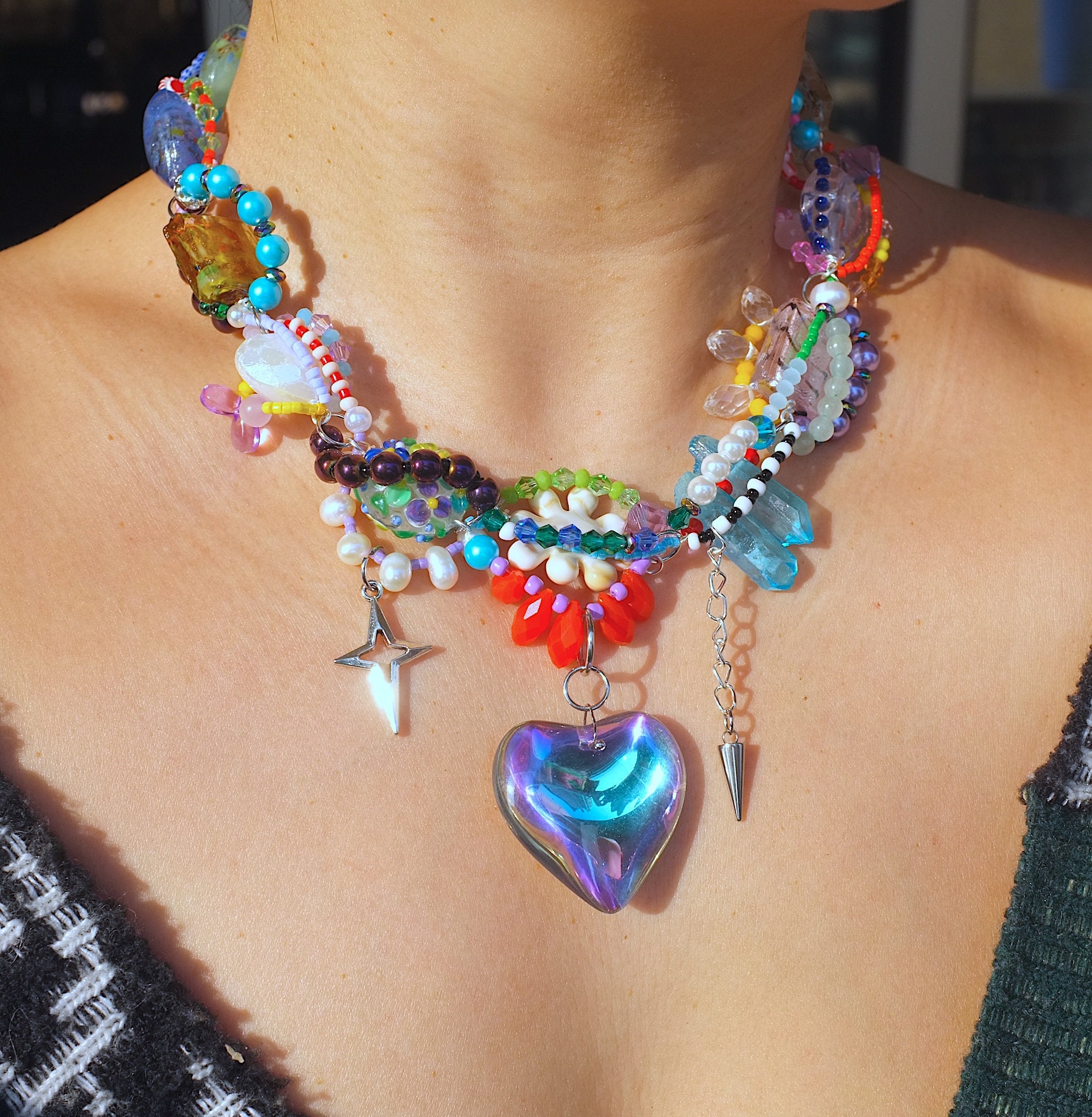 handmade lampwork glass heart pendant y2k necklace,90's,multicolor,cross,handwired,freshwater pearl,fairycore,custom,one of a kind.
