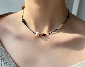 mini black agate with freshwater keshi pearl hand made necklace, tiger eye natural gemstone, minimal unique unisex jewelry.
