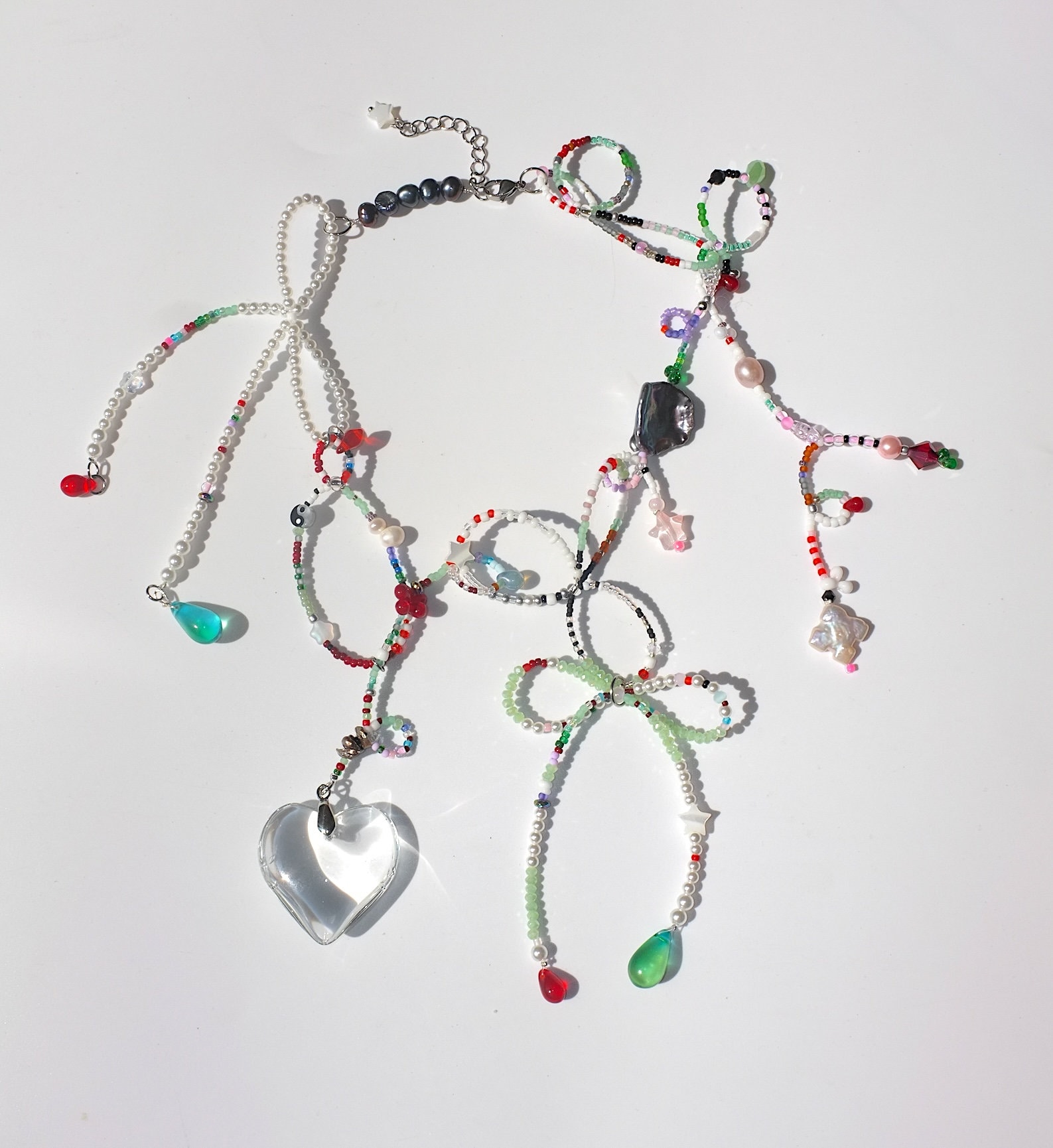 handmade red teardrop freshwater pearls fairycore ribbon necklace.crystal,cottagecore,fairy,princesscore, green, glass heart pendant
