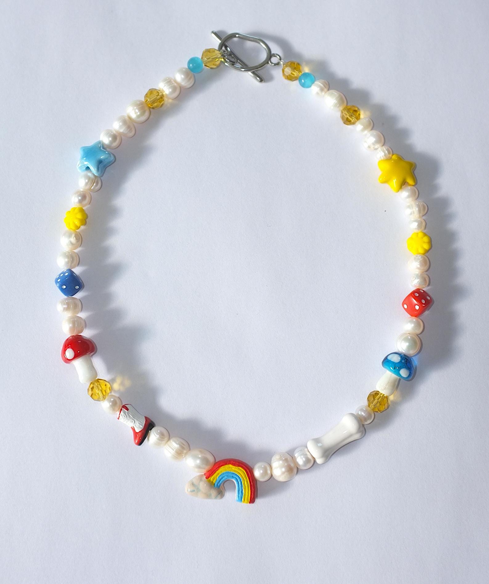 Freshwater Pearl Charm Necklace, Rainbow Ceramic Beads, Handmade