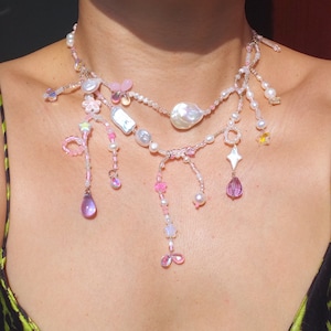 handmade pink teardrop freshwater pearls fairycore necklace.purple crystal,cottagecore,fairy,princesscore,glass beaded, baby pink