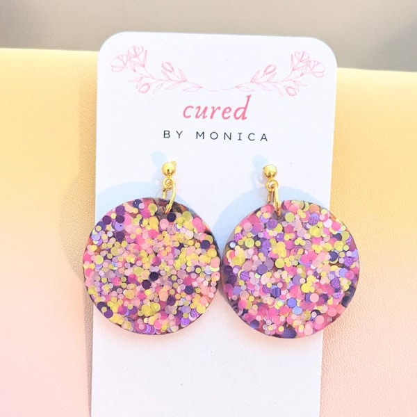 Rhianna's Earrings - Resin Square Dangle - Pink Confetti main image 1