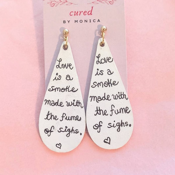 Romeo and Juliet, William Shakespeare, book earrings, literature earrings, rustic, wood, white, dangle, quotes