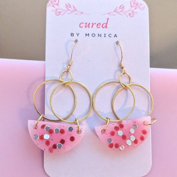 Pink dangle earrings, red and silver dots, watermelon aesthetic, gold hoop attachments, cute, fruit themed, resin