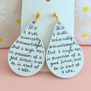 Pride and Prejudice, book earrings, Jane Austen, rustic wood earrings, teardrop, literature, quotes, statement