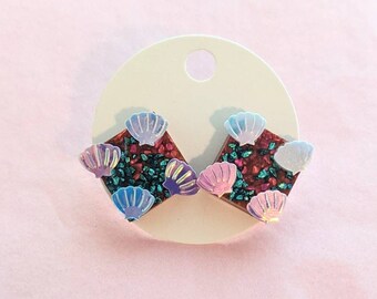 Seashell earrings, seashell studs, blue and purple glass, cute, statement studs, resin