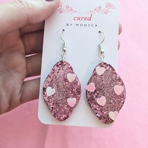 Heart-themed earrings, pink hearts, glittery, sparkly, cute, resin, valentines day, lightweight