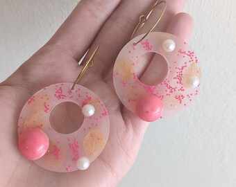 Hoop earrings, pink earrings, round, gold hoops, resin, statement, lightweight