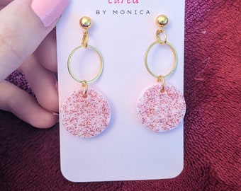 Pink and Red dangle earrings, red glitter, geometric, gold hoop attachment, lightweight, cute, resin, fancy