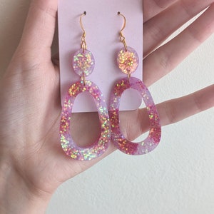 Sparkly purple and pink earrings, dangle,  glittery earrings, shimmery, statement, resin jewelry, two toned, lightweight