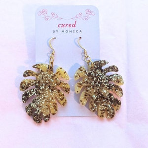Monstera leaf earrings, yellow, gold, and brown, nature themed, autumn earrings, resin, statement, plant themed