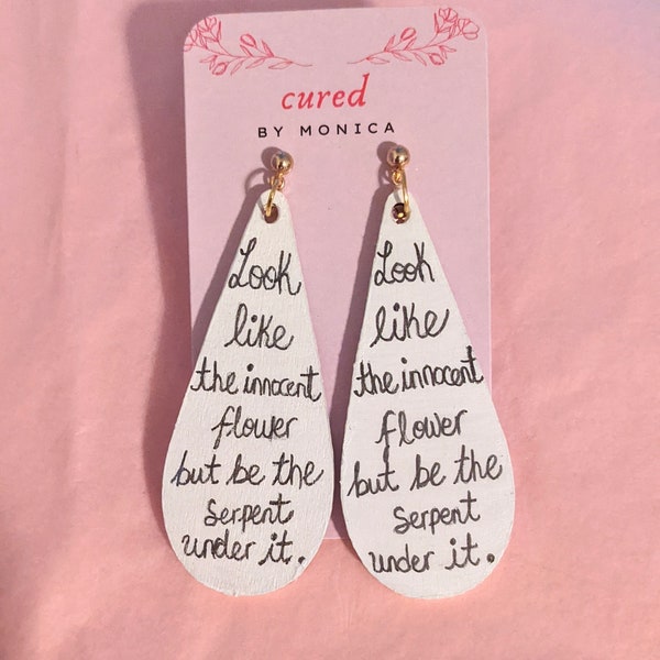 Macbeth, William Shakespeare, book earrings, lady Macbeth quote, rustic wood earrings, white, handwritten, literature, statement