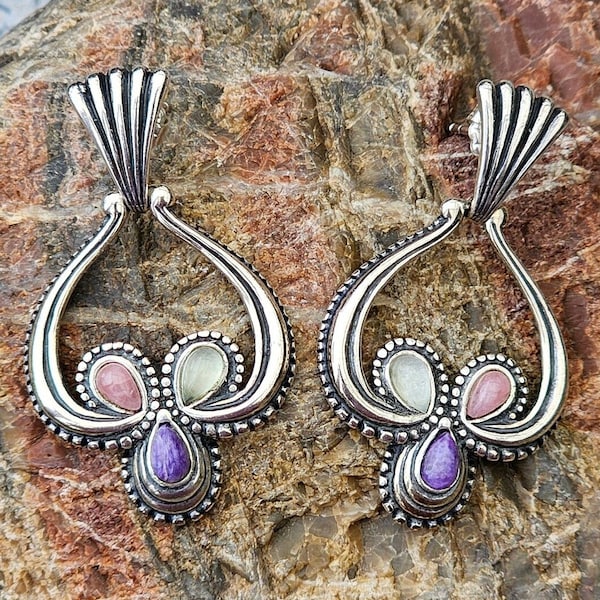 Carolyn Pollack Vintage Relios Windsong Collection Earrings, RARE, Southwestern Sterling Silver and Multi-Gem Earrings, MariSellsVintage.