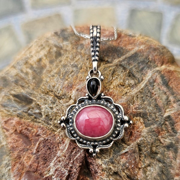 RARE Carolyn Pollack Pendant, Daughter Gift, Bridesmaid gift, January birthday, Red Garnet, Pink Rhodonite, 925 Sterling Silver