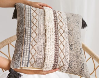 Gray Decorative Boho Pillow with Embroidery and Blockprinted Details and Tassels Couch Throw Pillow Ethno | Alia