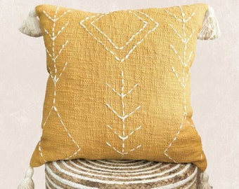 Mustard Yellow Pillow with Embroidered Geometric Shapes White Pompoms Minimal Simplistic Decorative Throw Cushion | Sol