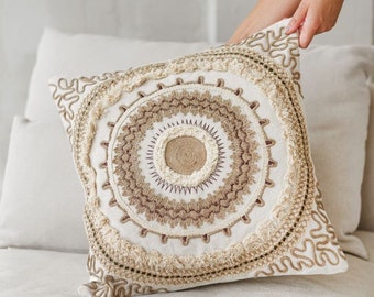 Pillow Beige Boho Deco Pillow Handmade Boho Sofa Cushion 45 x 45 cm | Amina