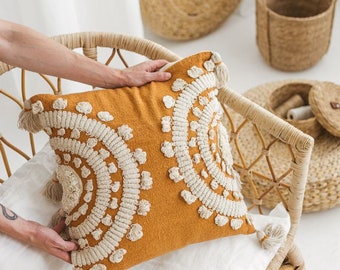 Boho Cozy Pillow 50 x 50 cm Decorative Sofa Cushion Orange Brown Pillow Throw Pillow Handmade Gift | Kaia
