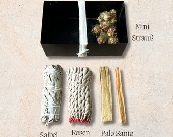 Coffret de méditation coffret cadeau noir 2 bâtons d'encens Rose enroulés à la main Palo Santo paquet de sauge Mini Bouquet