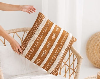 Terracotta Pillow with Fringe Accents Textured Hand Dyed Cozy Throw Neutral Minimal Boho Traditional Sofa Pillow | Indira