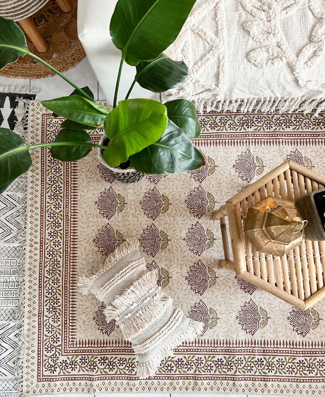 TWO SIDED Lotus Rug Beige Red No Pile Cotton Large Area Rug Etsy
