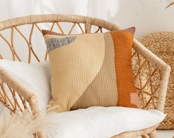 Kantha Quilt Abstract Patchwork Pillow Rust Cushion Boho Handmade Gift | Terra