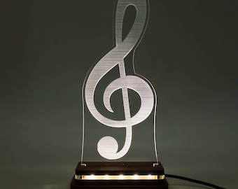 Lampada da tavolo a LED personalizzata in acrilico personalizzato, segno, luce notturna, musica, regalo per musicista, note, chiave, melodia, chiave Sol con testo