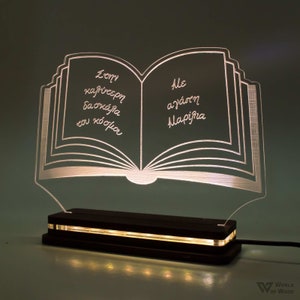 Personalized Acrylic Custom Led Light Table Lamp, Sign, Night Light, Gift for End Year School, University Open Book with Text