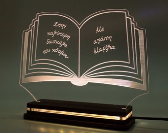 Personalized Acrylic Custom Led Light Table Lamp, Sign, Night Light, Gift for End Year School, University Open Book with Text