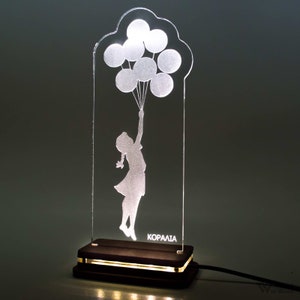 Personalized Acrylic Custom Led Light Table Lamp, Sign, Night Light, Gift for Him or Her, Decor, Banksy Girl Floating Baloon with Text