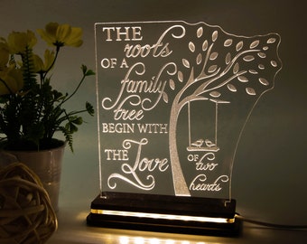 Lampe de table personnalisée à lumière acrylique LED, veilleuse, cadeau de famille, décoration de maison personnalisée, atmosphère de maison, arbre généalogique