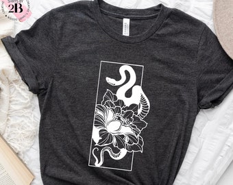 Rectangle Snake Floral Shirt, Line Art Shirt, Floral Shirt, Snake Shirt, Reptile Shirt, Snake Tattoo Design Shirt, Mystical Shirt