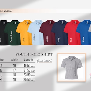 May include: Youth polo shirt color chart with 10 different colors: white, black, forest green, gold, light blue, maroon, navy, red, royal, and sport grey. Size chart with width and length measurements in inches for sizes S, M, L, and XL.