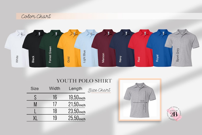 May include: Youth polo shirt color chart with 10 different colors: white, black, forest green, gold, light blue, maroon, navy, red, royal, and sport grey. Size chart with width and length measurements in inches for sizes S, M, L, and XL.