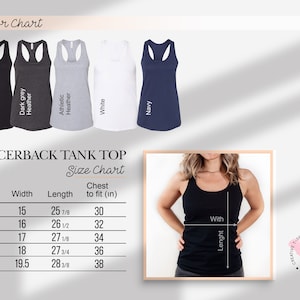 May include: Racerback tank top size chart with measurements in inches. The chart shows sizes XS to XL with corresponding width, length, and chest measurements. The chart is displayed on a white background with a model wearing a black tank top.
