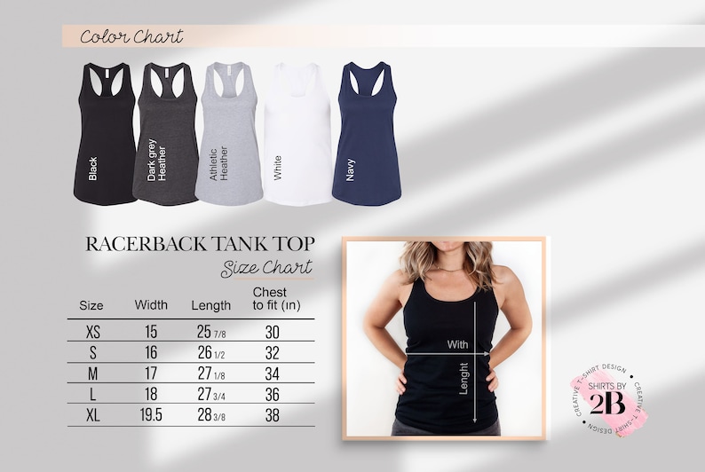 May include: Racerback tank top size chart with measurements in inches. The chart shows sizes XS to XL with corresponding width, length, and chest measurements. The chart is displayed on a white background with a model wearing a black tank top.