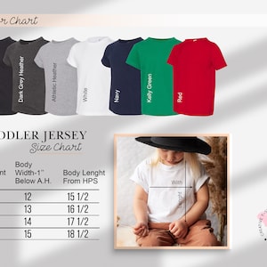 May include: A size chart for toddler jersey shirts with a color chart showing the different colors available. The chart shows the body width and length in inches for sizes 2T, 3T, 4T, and 5T. The color chart shows the colors black, dark grey heather, athletic heather, white, navy, kelly green, and red.
