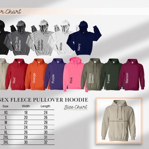 May include: A colour chart displays various unisex fleece pullover hoodies in black, grey, white, navy, and other colours. The image includes a size chart with measurements in inches and a sample hoodie illustration.